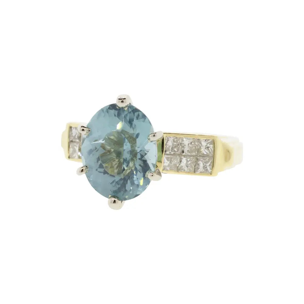 18K Yellow Gold Oval Cut Mint Tourmaline and Diamond Ring