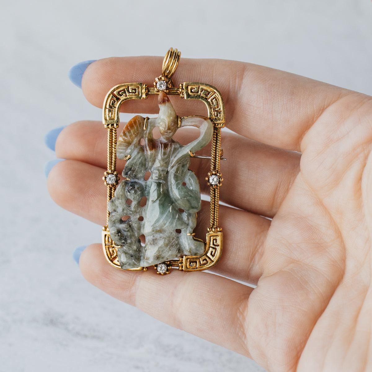 Jadeite and Diamond Tennyo 18K Yellow Gold Pendant/Pin