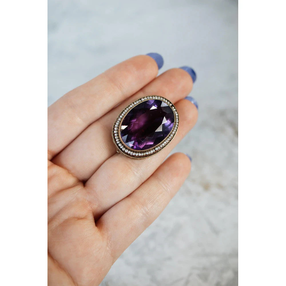 Victorian Oval Amethyst & Seed Pearl Brooch