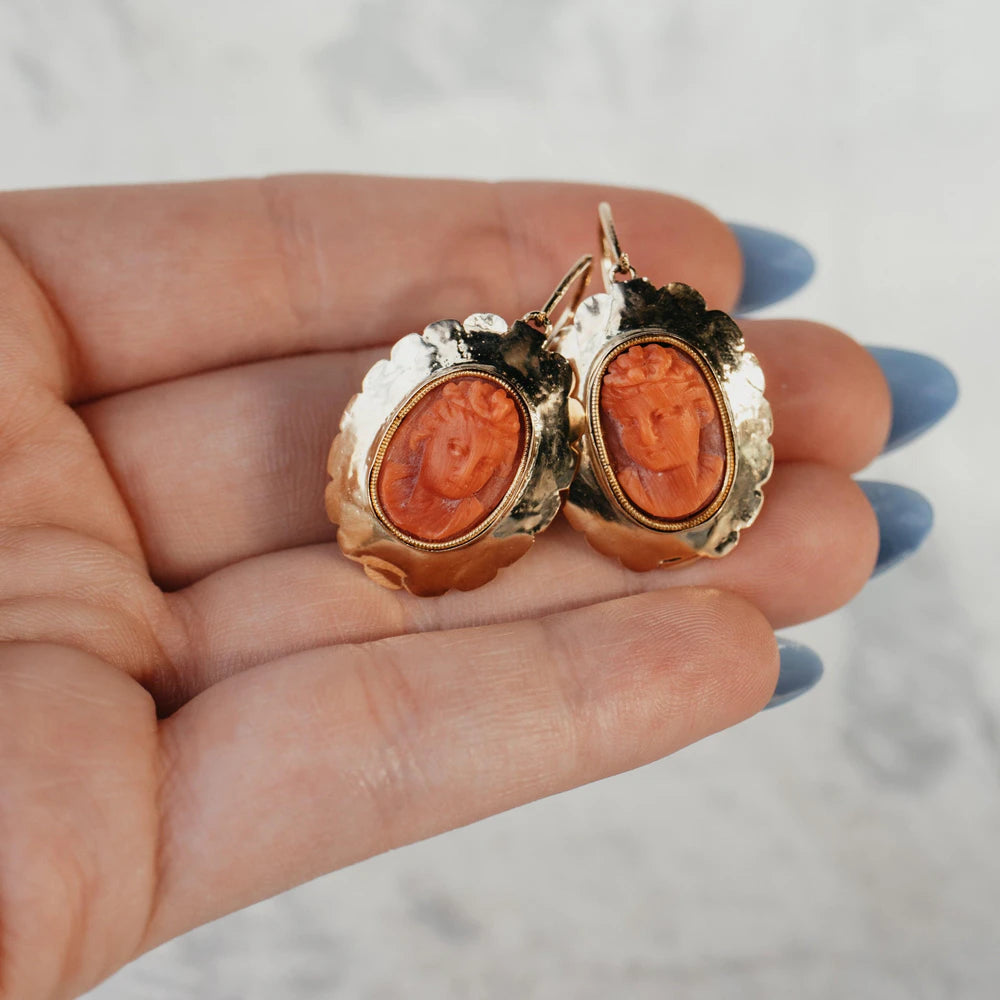 Antique Croatian Coral Cameo Dangle Hook Earrings