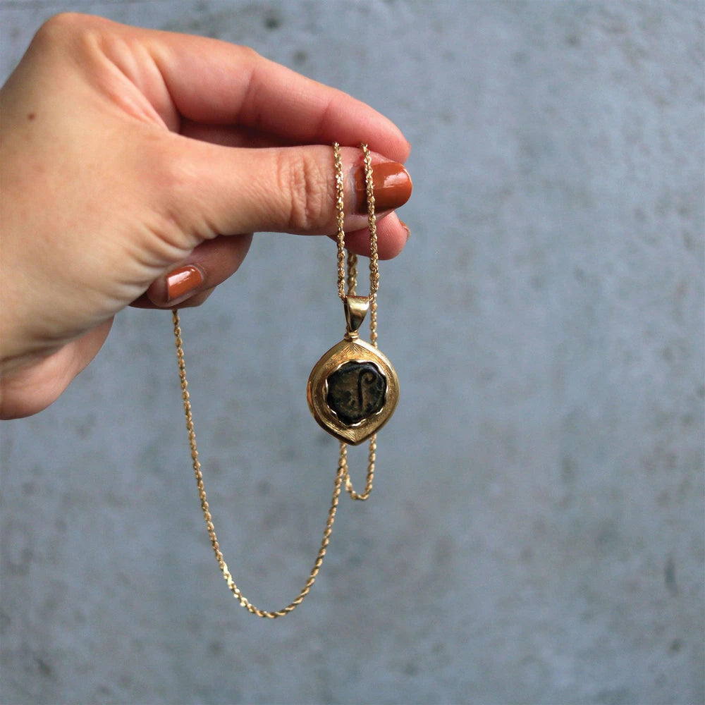 Antique 14K Yellow Gold Tiberius Cesar Bronze Pruta Coin Pendant