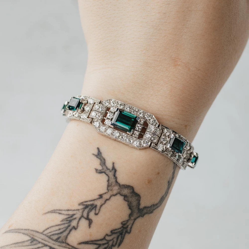 Platinum, 18K, And 9K White Gold Assembled Art Deco Indicolite Diamond Bracelet