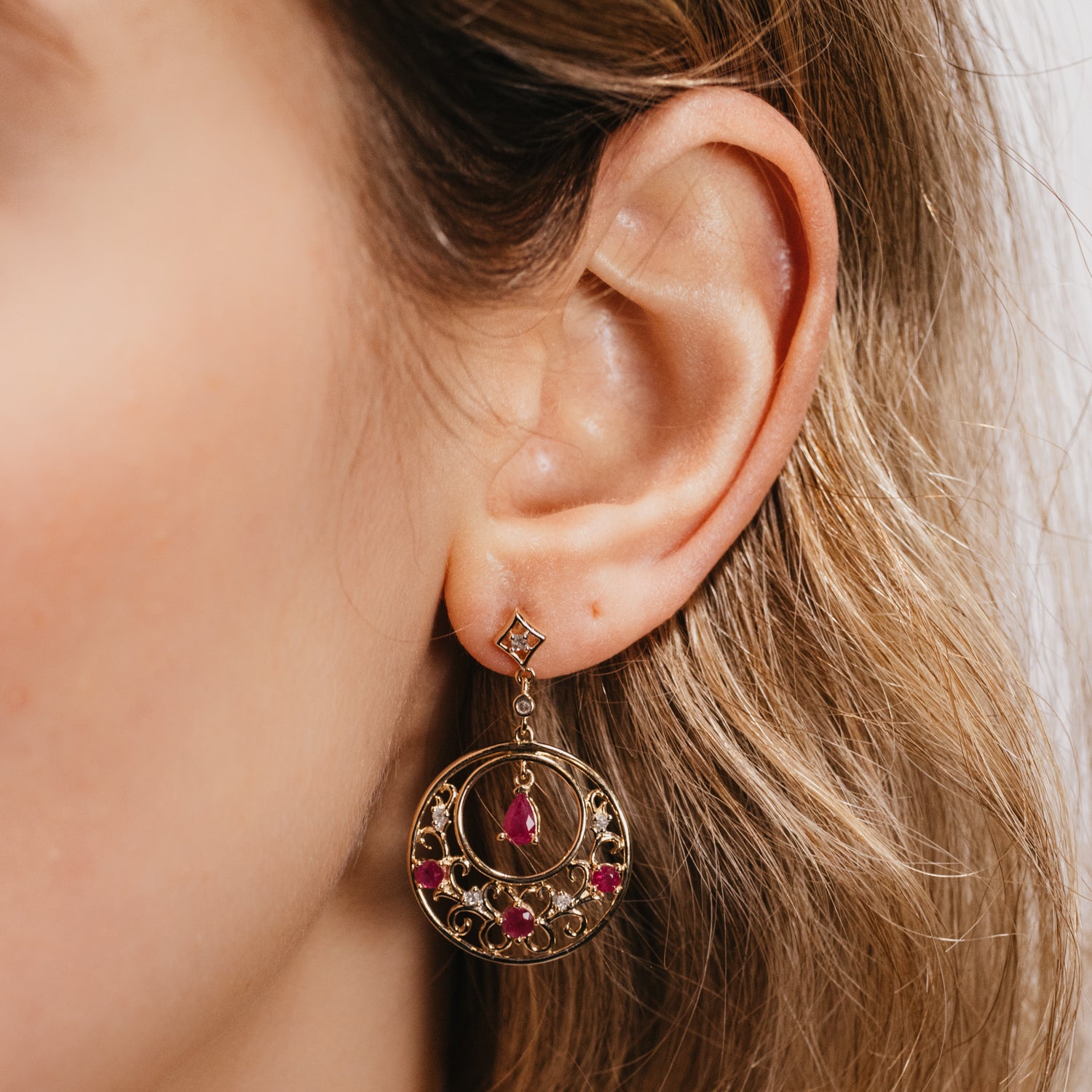 Filigreed Ruby and Diamond Disk Earrings