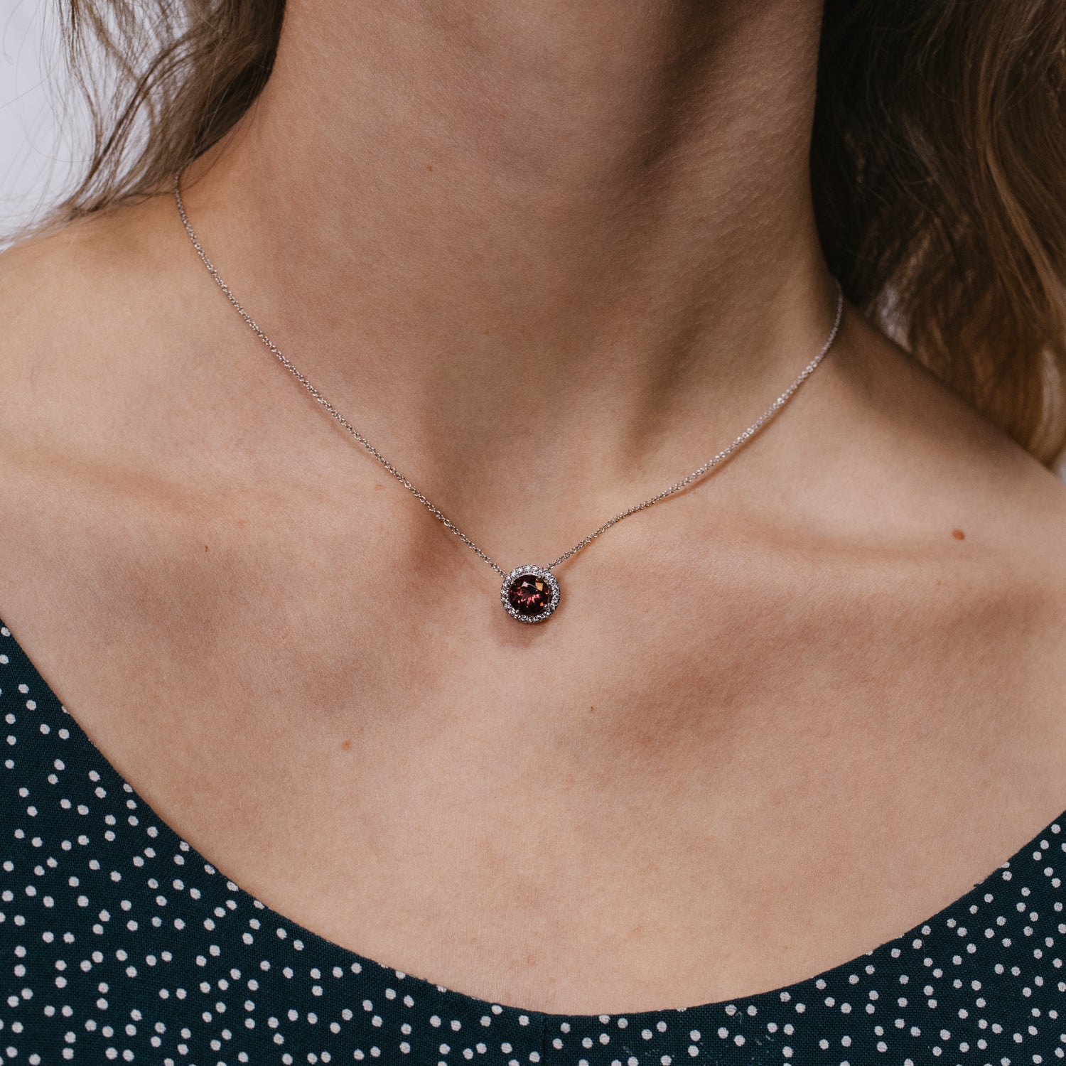 Deep Rose Tourmaline Halo Pendant Necklace