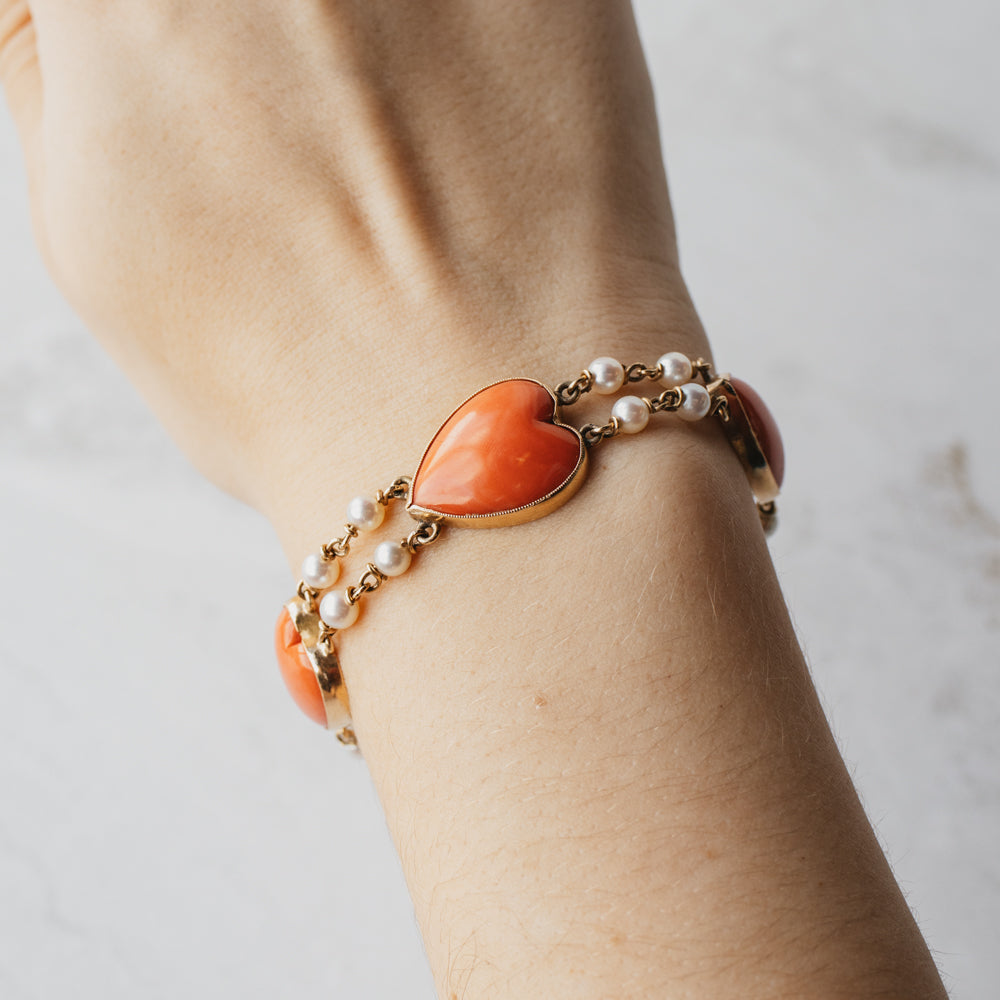 Vintage Coral and Pearl Double Line Bracelet