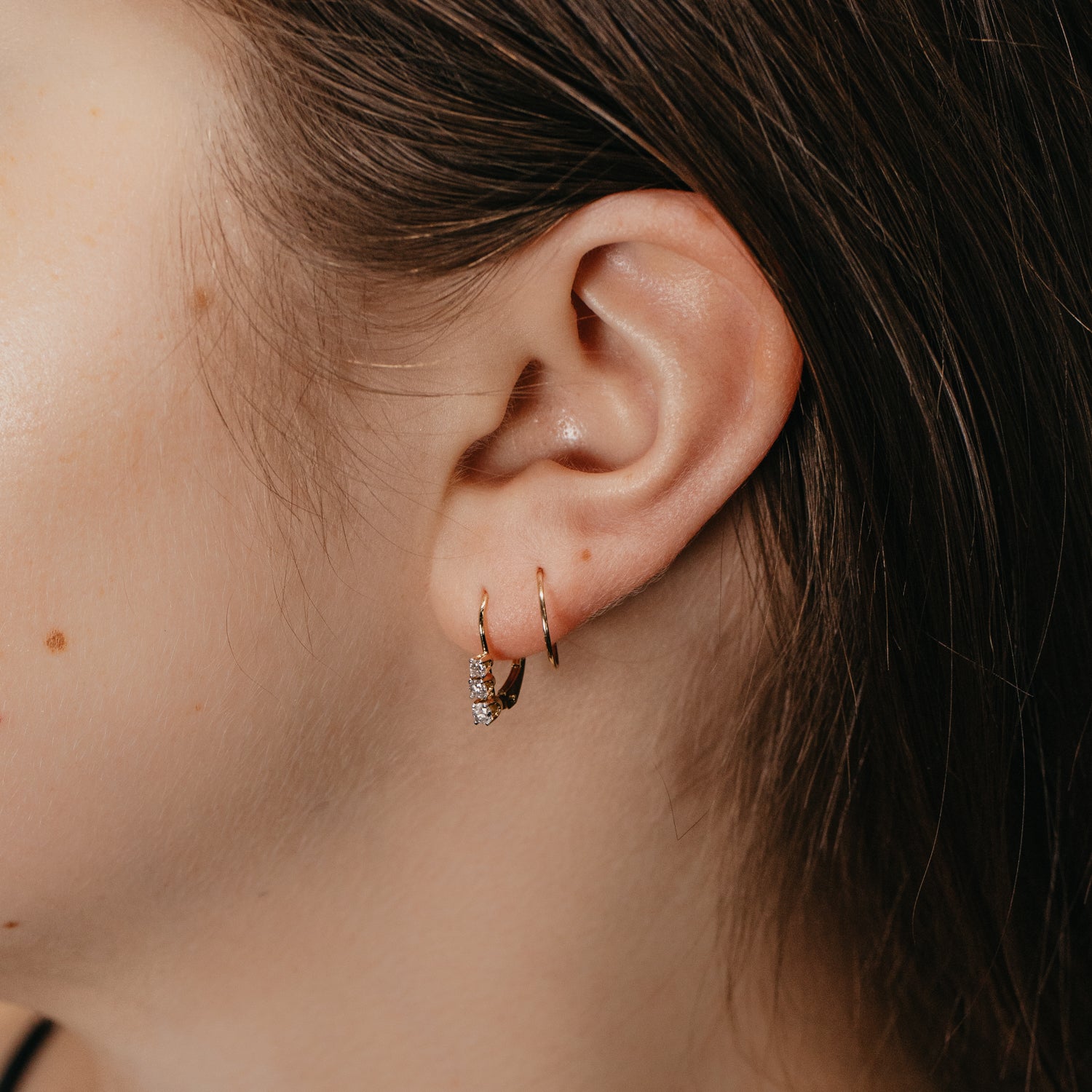 Stacked Three Stone Diamond Leverback Earrings