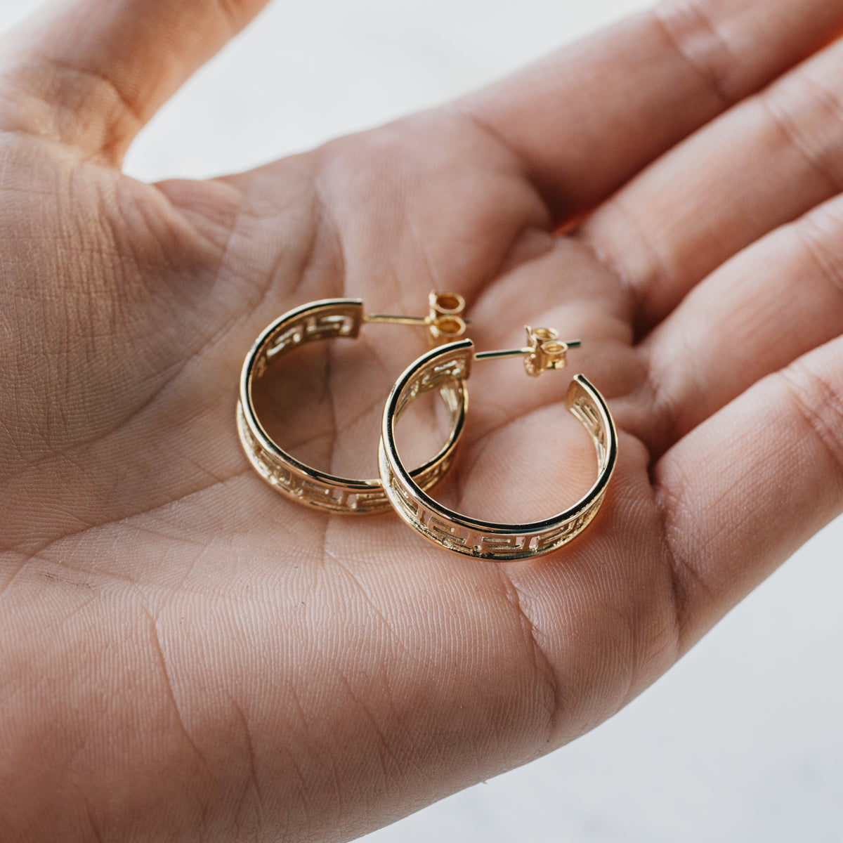 14K Yellow Gold Greek Key Hoop Earrings