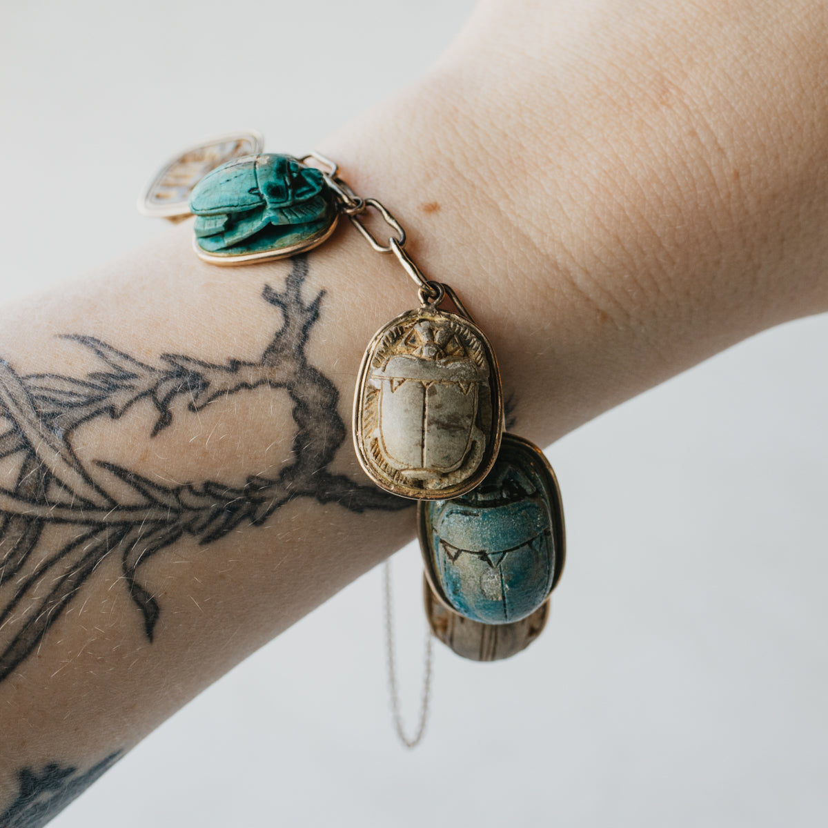 12K-18K Yellow Gold Ancient Egyptian Revival Faience Scarab Clay Bead Bracelet