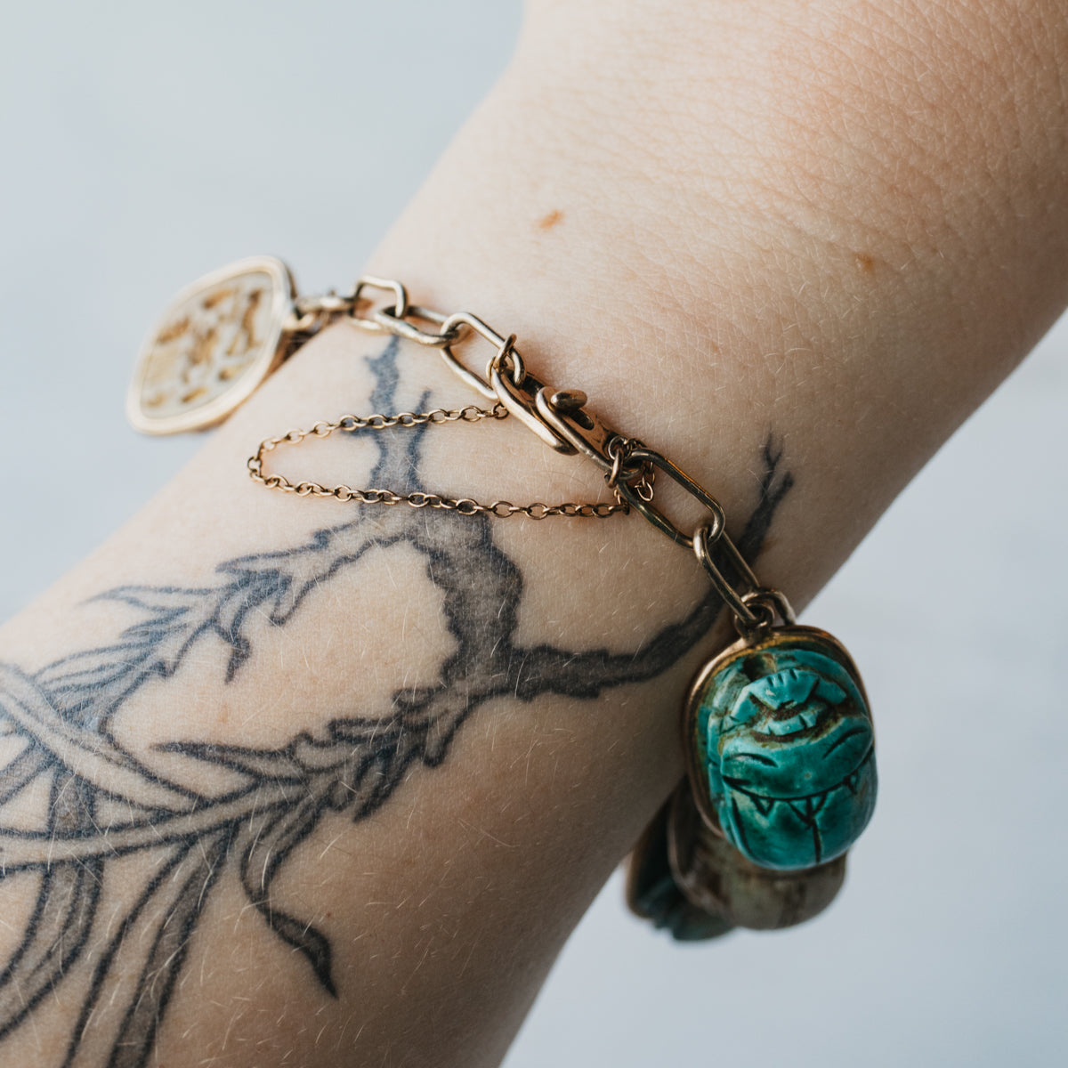 12K-18K Yellow Gold Ancient Egyptian Revival Faience Scarab Clay Bead Bracelet