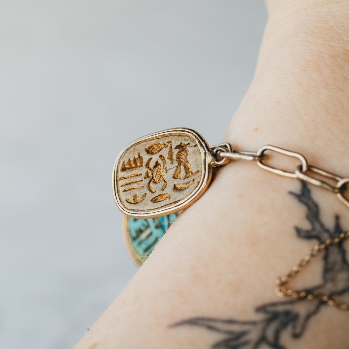 12K-18K Yellow Gold Ancient Egyptian Revival Faience Scarab Clay Bead Bracelet