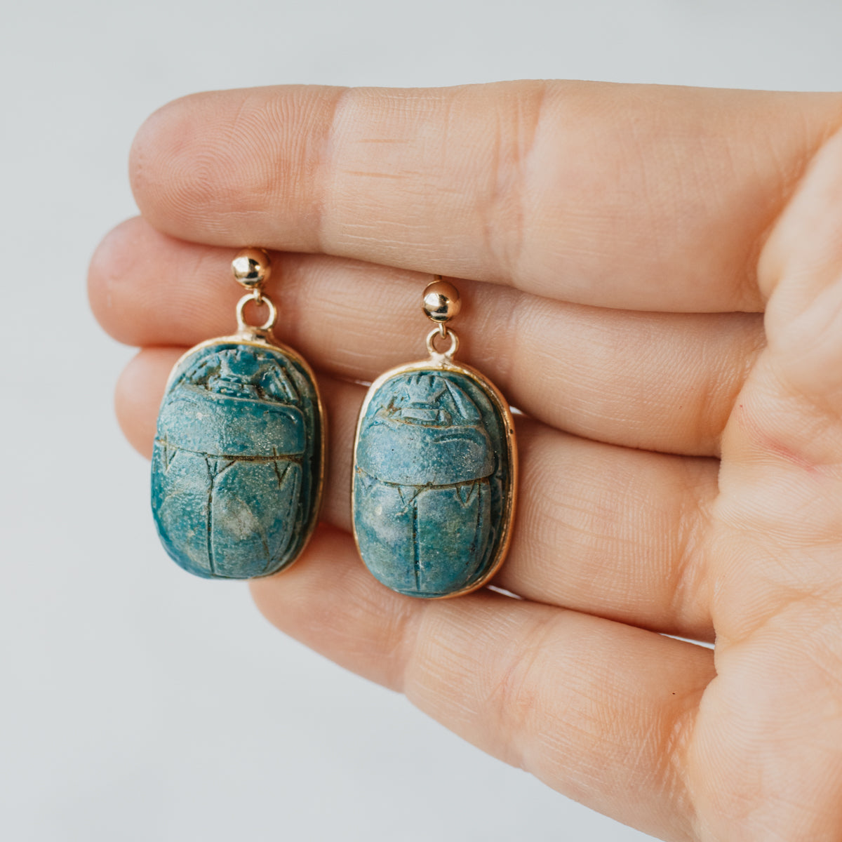 10K-18K Yellow Gold Ancient Egyptian Revival Faience Scarab Clay Bead Earrings