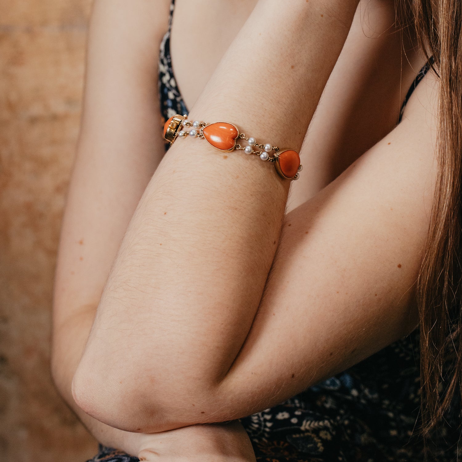 Vintage Coral and Pearl Double Line Bracelet