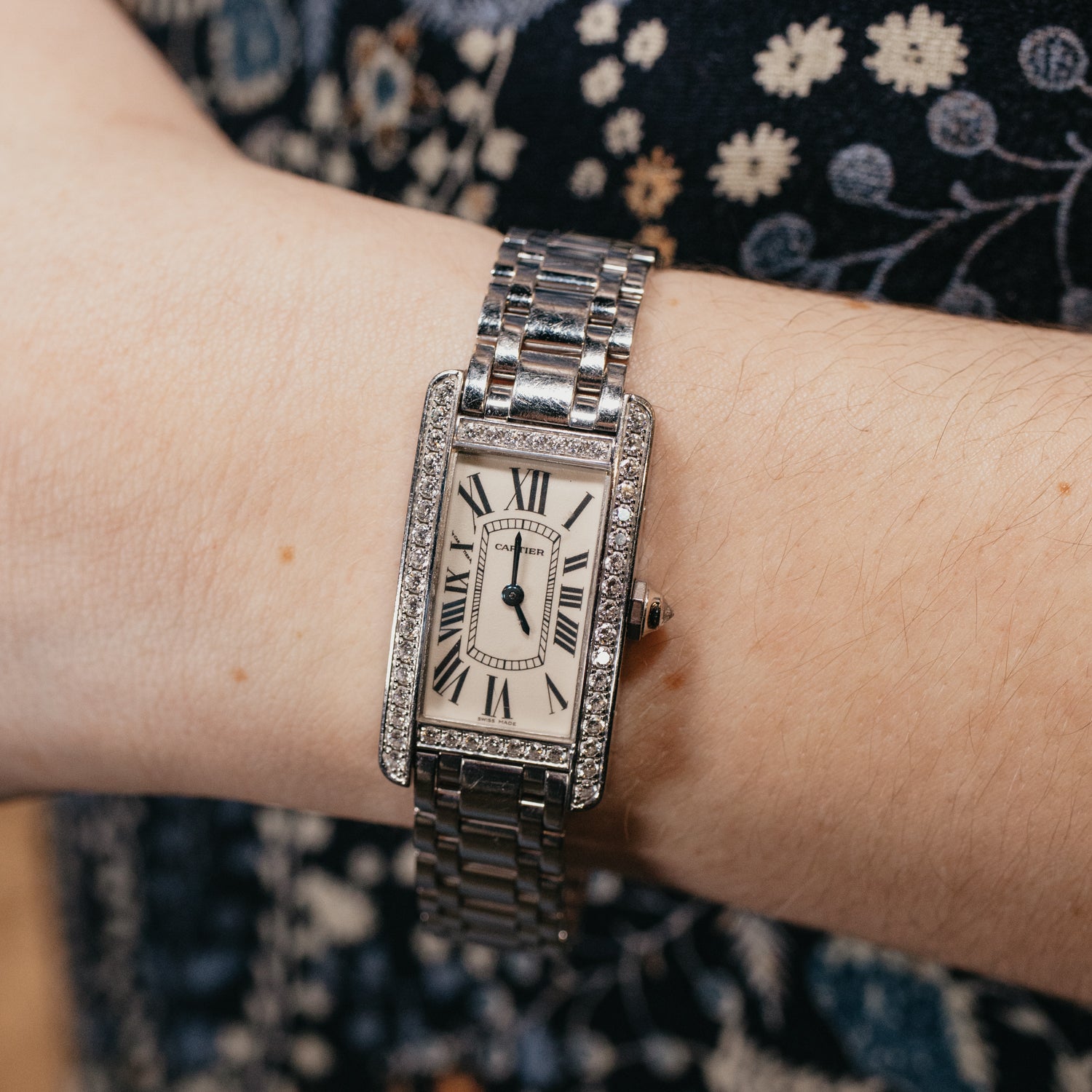 18KWG Cartier Diamond Face Tank Américaine Watch