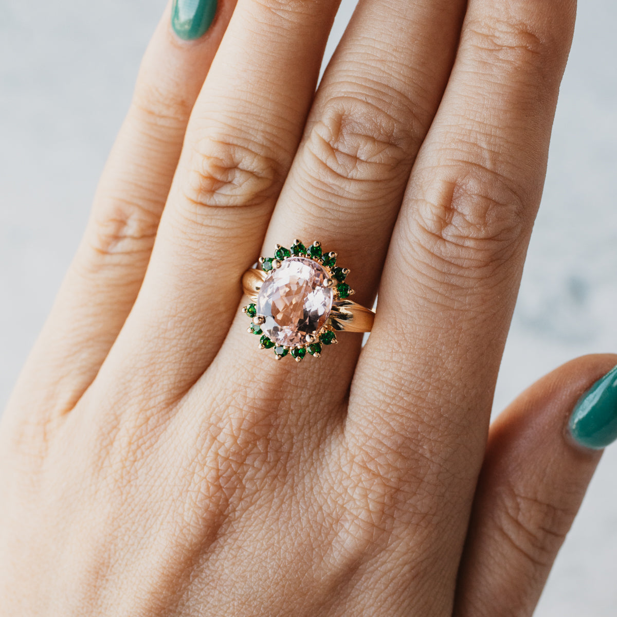 14K Yellow Gold Morganite & Tsavorite Ring