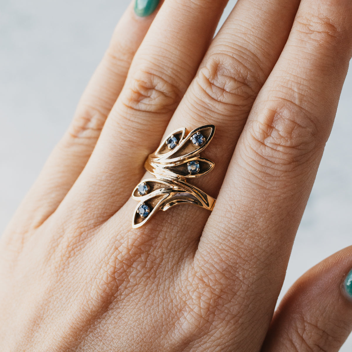 14K Yellow Gold Blue Sapphire Bypass Leaf Ring