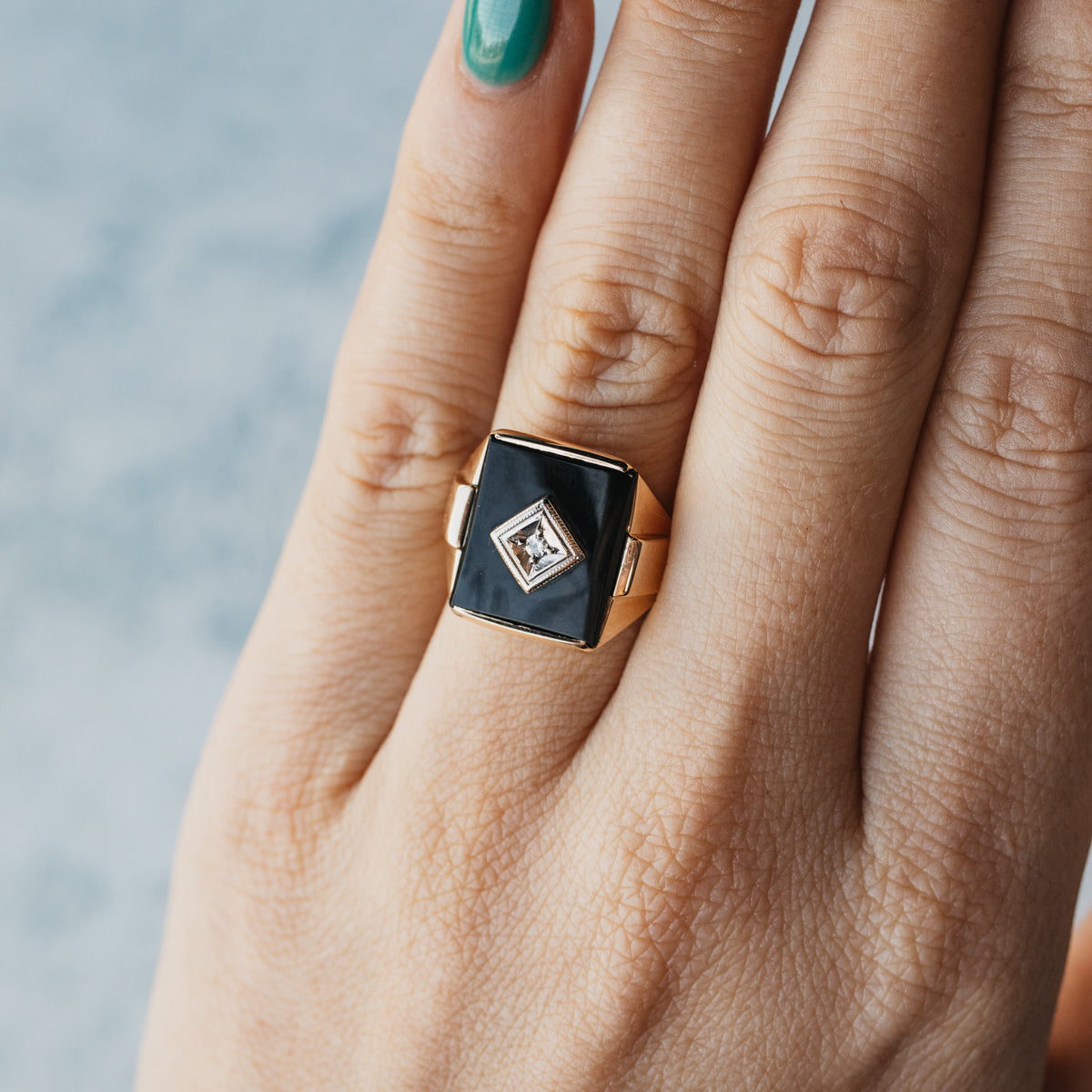 10K Yellow Gold Onyx & Diamond Ring