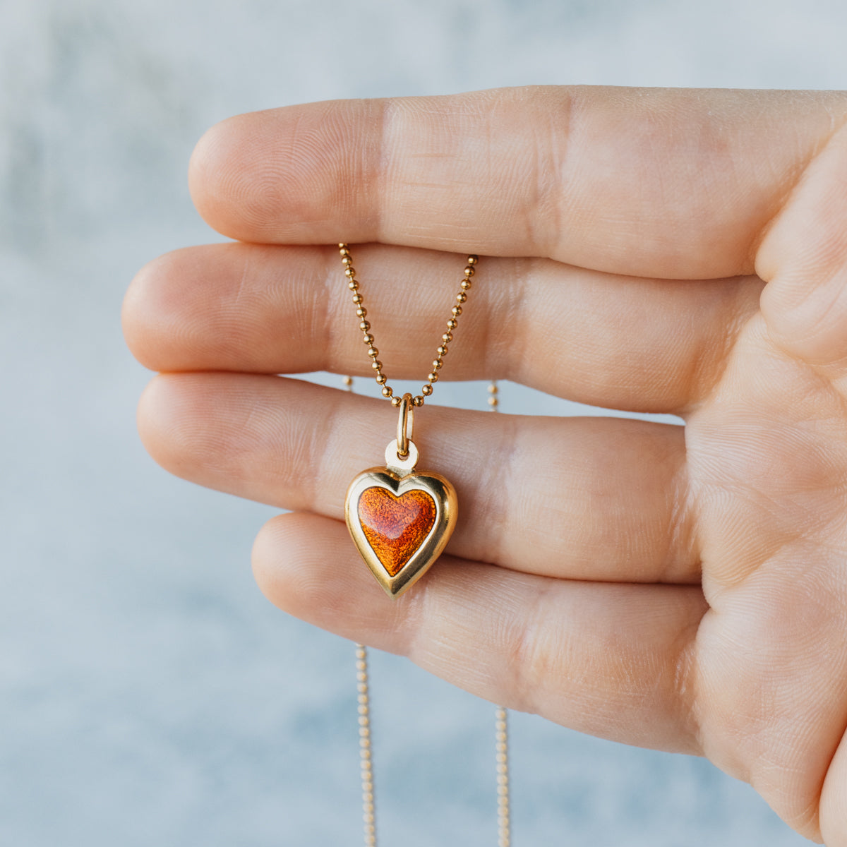 18K Yellow Gold Reversible Blue & Orange Heart Pendant With 30" Ball Chain Necklace