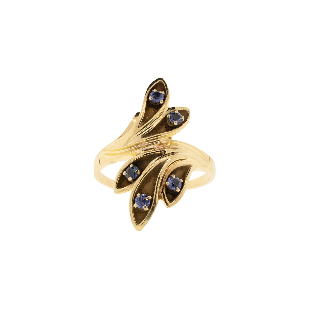 14K Yellow Gold Blue Sapphire Bypass Leaf Ring