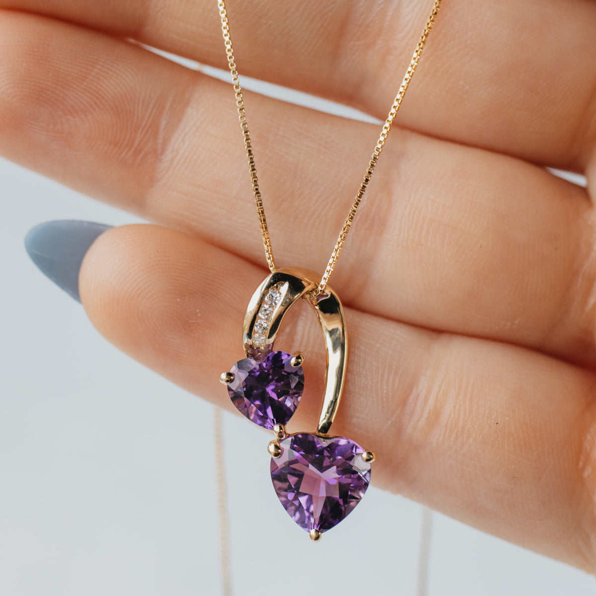 14K Yellow Gold Amethyst Heart & Diamond Pendant With Dainty 18" Box Chain