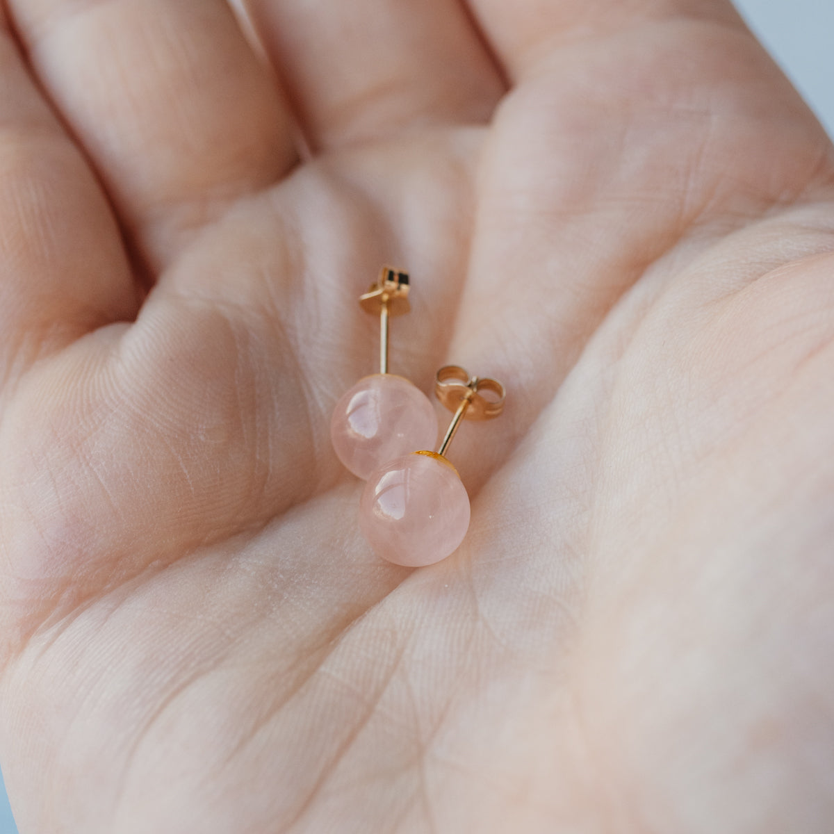 14K Yellow Gold 8mm Rose Quartz Studs