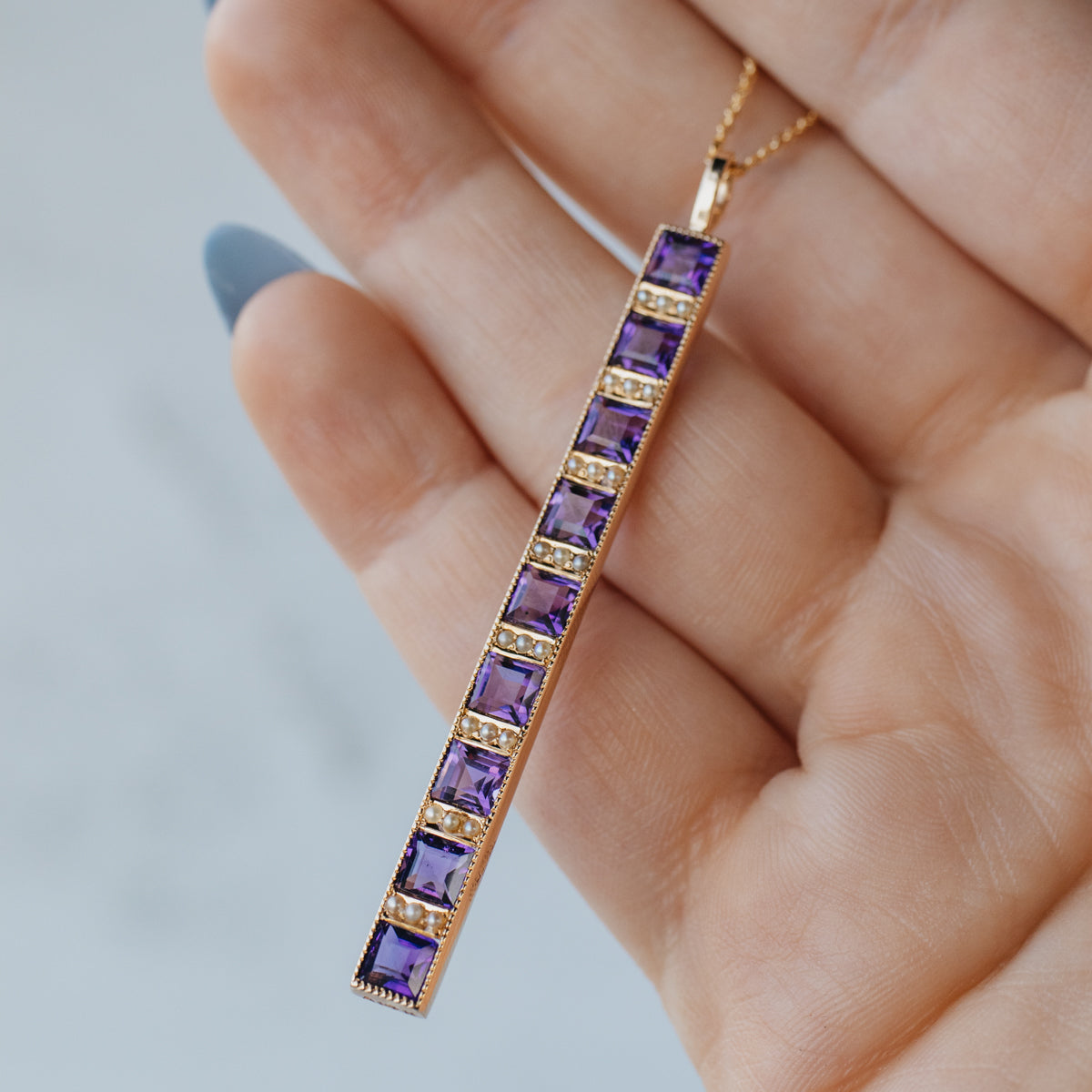 14K Yellow Gold Converted Amethyst & Seed Pearl Pendant With Cable Chain