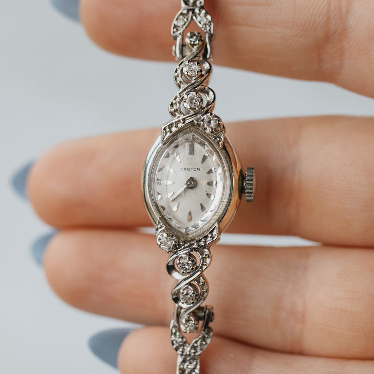 14K White Gold Mid-Century Ladies Diamond Croton Watch