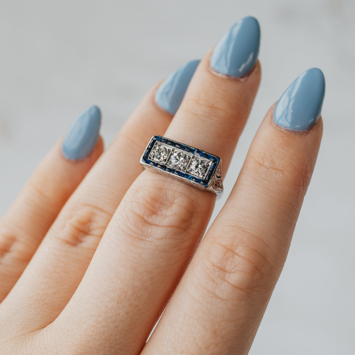 14K White Gold 1930's Diamond & Sapphire Ring