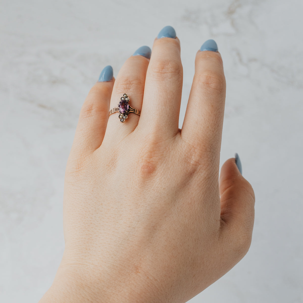 10K Yellow Gold Victorian Oval Amethyst & Seed Pearl Ring