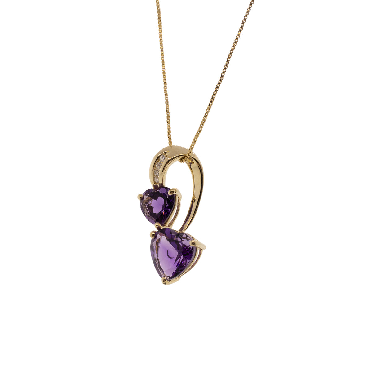 14K Yellow Gold Amethyst Heart & Diamond Pendant With Dainty 18" Box Chain