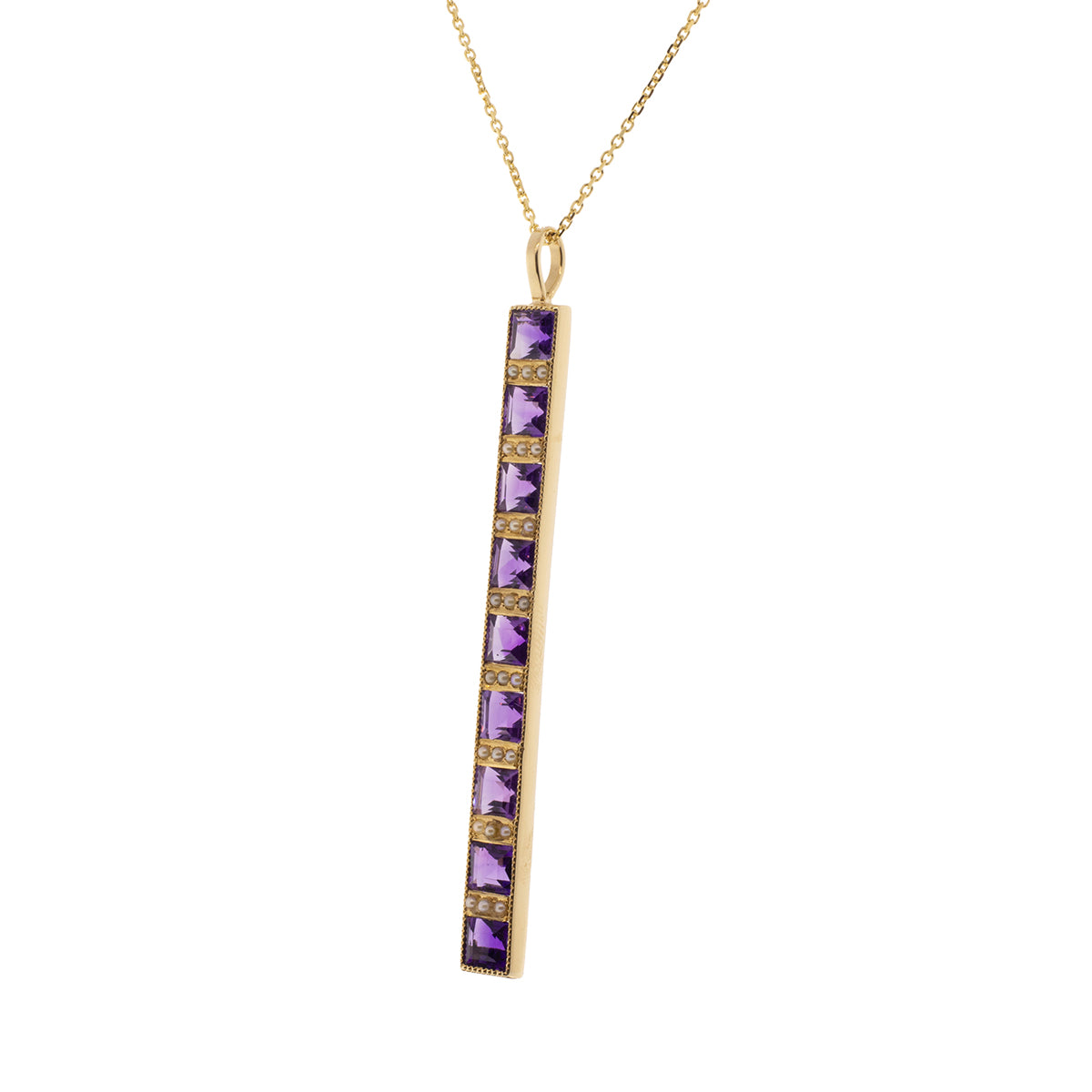 14K Yellow Gold Converted Amethyst & Seed Pearl Pendant With Cable Chain