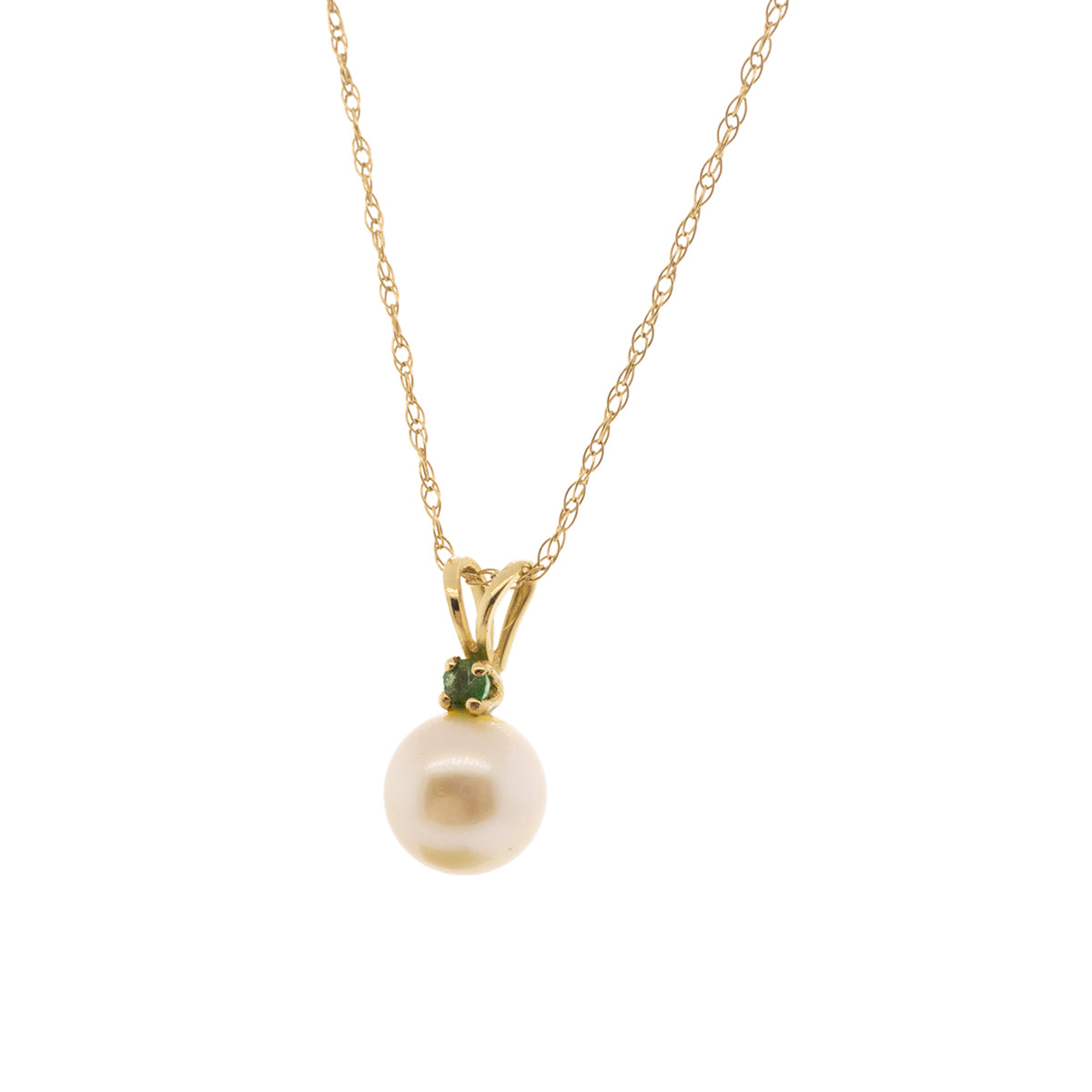 14K Yellow Gold Akoya Pearl & Emerald Pendant With Twisted Rope Chain