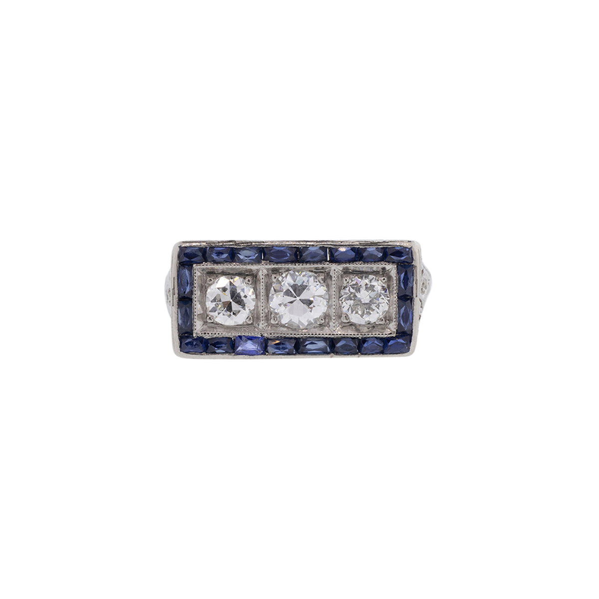14K White Gold 1930's Diamond & Sapphire Ring