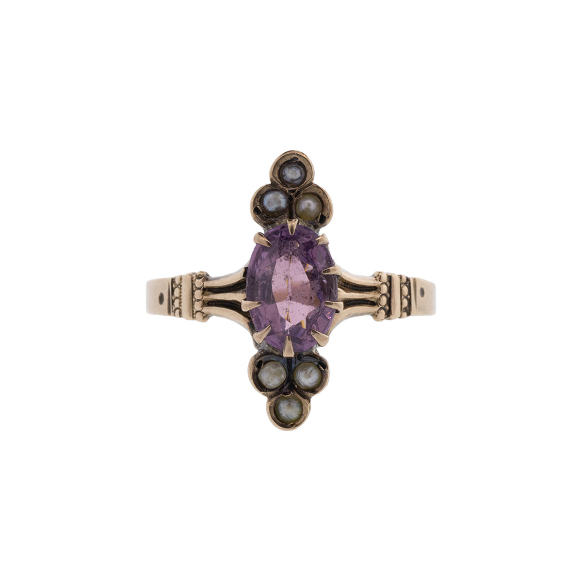 10K Yellow Gold Victorian Oval Amethyst & Seed Pearl Ring