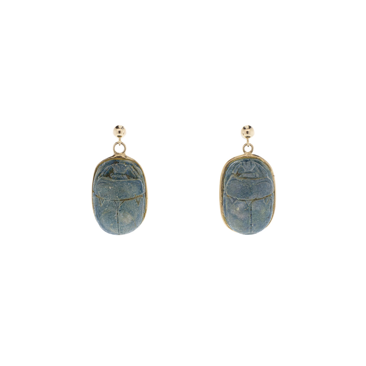 10K-18K Yellow Gold Ancient Egyptian Revival Faience Scarab Clay Bead Earrings