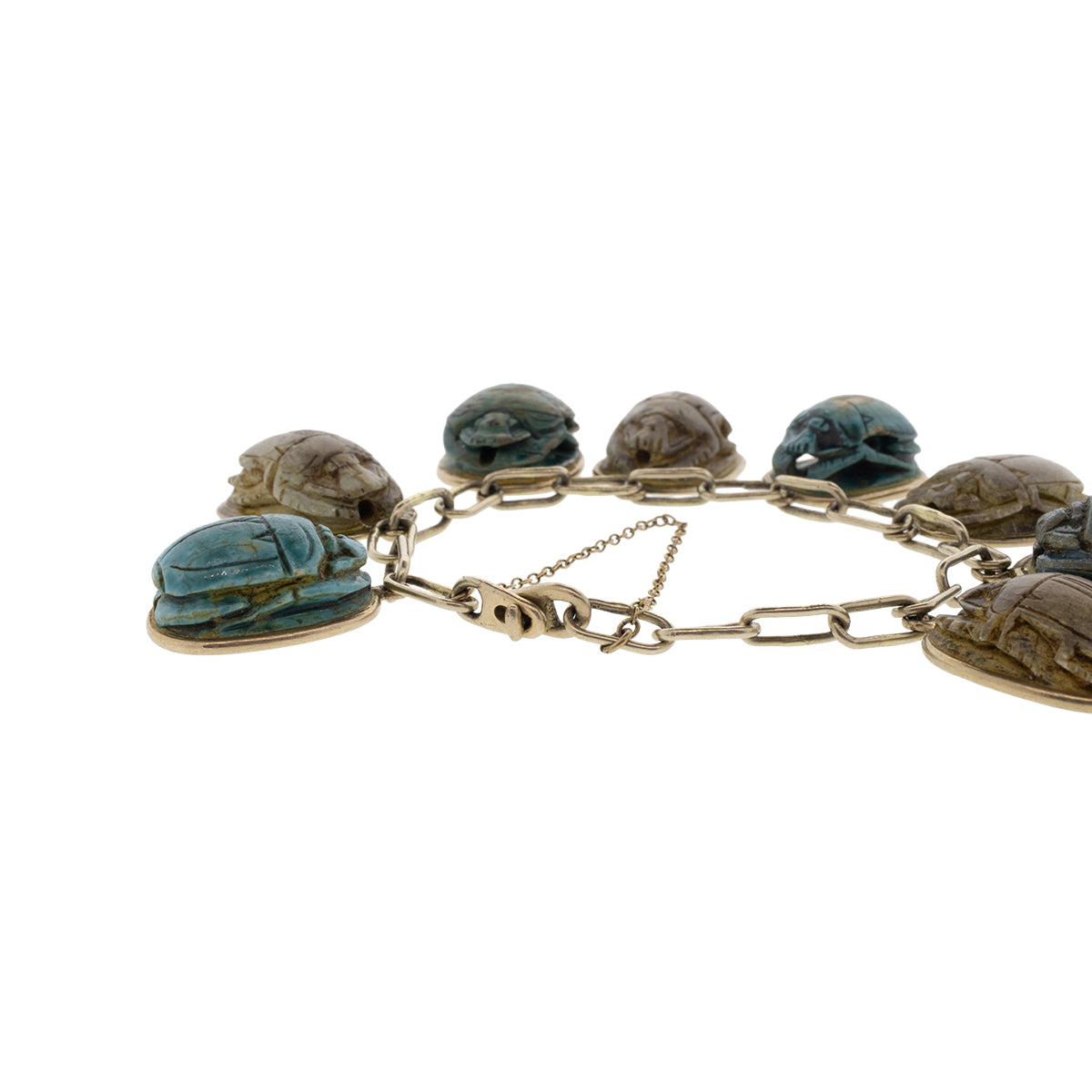 12K-18K Yellow Gold Ancient Egyptian Revival Faience Scarab Clay Bead Bracelet