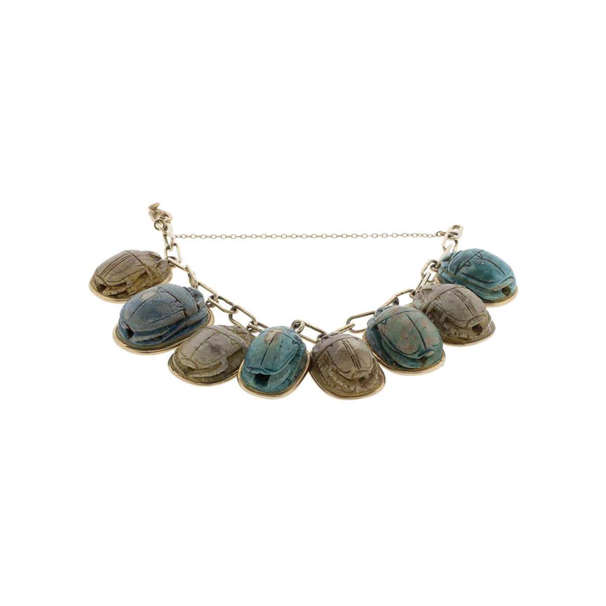 12K-18K Yellow Gold Ancient Egyptian Revival Faience Scarab Clay Bead Bracelet