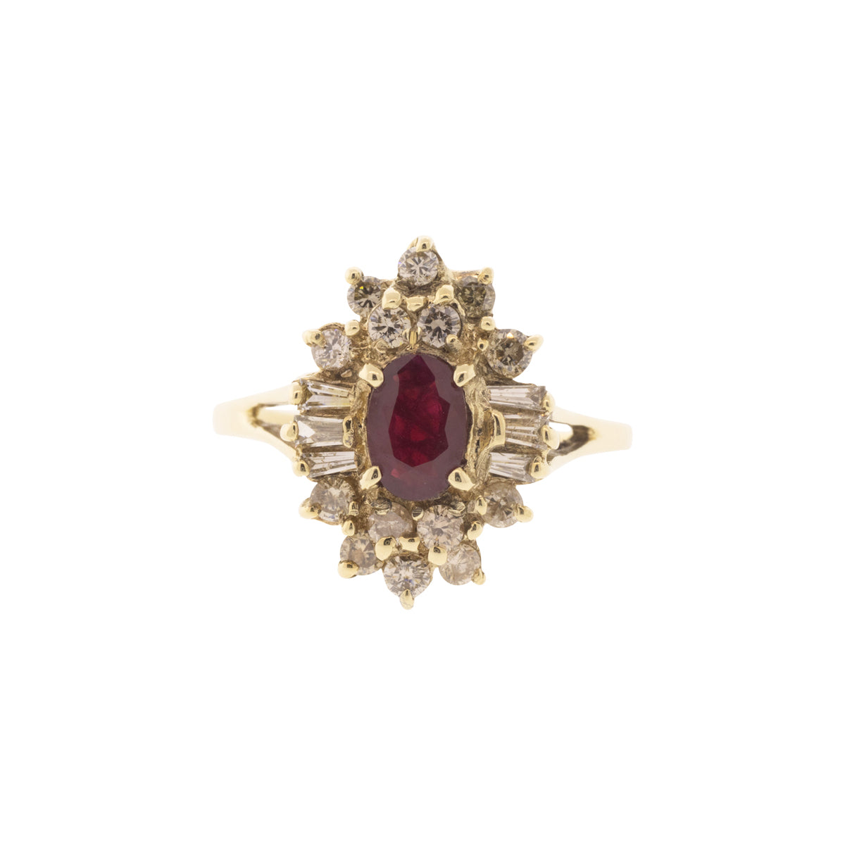 14K Yellow Gold Ruby & Diamond Cluster Ring