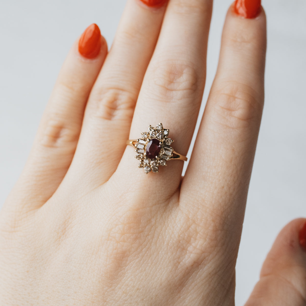 14K Yellow Gold Ruby & Diamond Cluster Ring