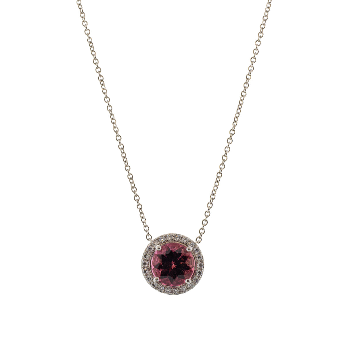 Deep Rose Tourmaline Halo Pendant Necklace