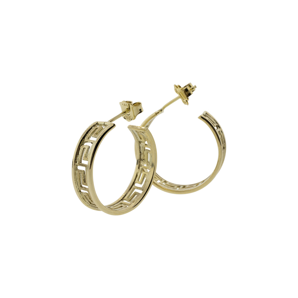 14K Yellow Gold Greek Key Hoop Earrings