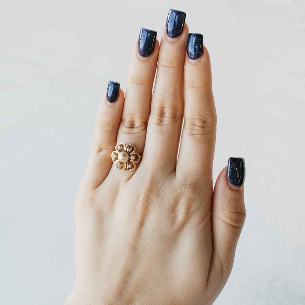 Golden Pearl and Diamond Petal Ring