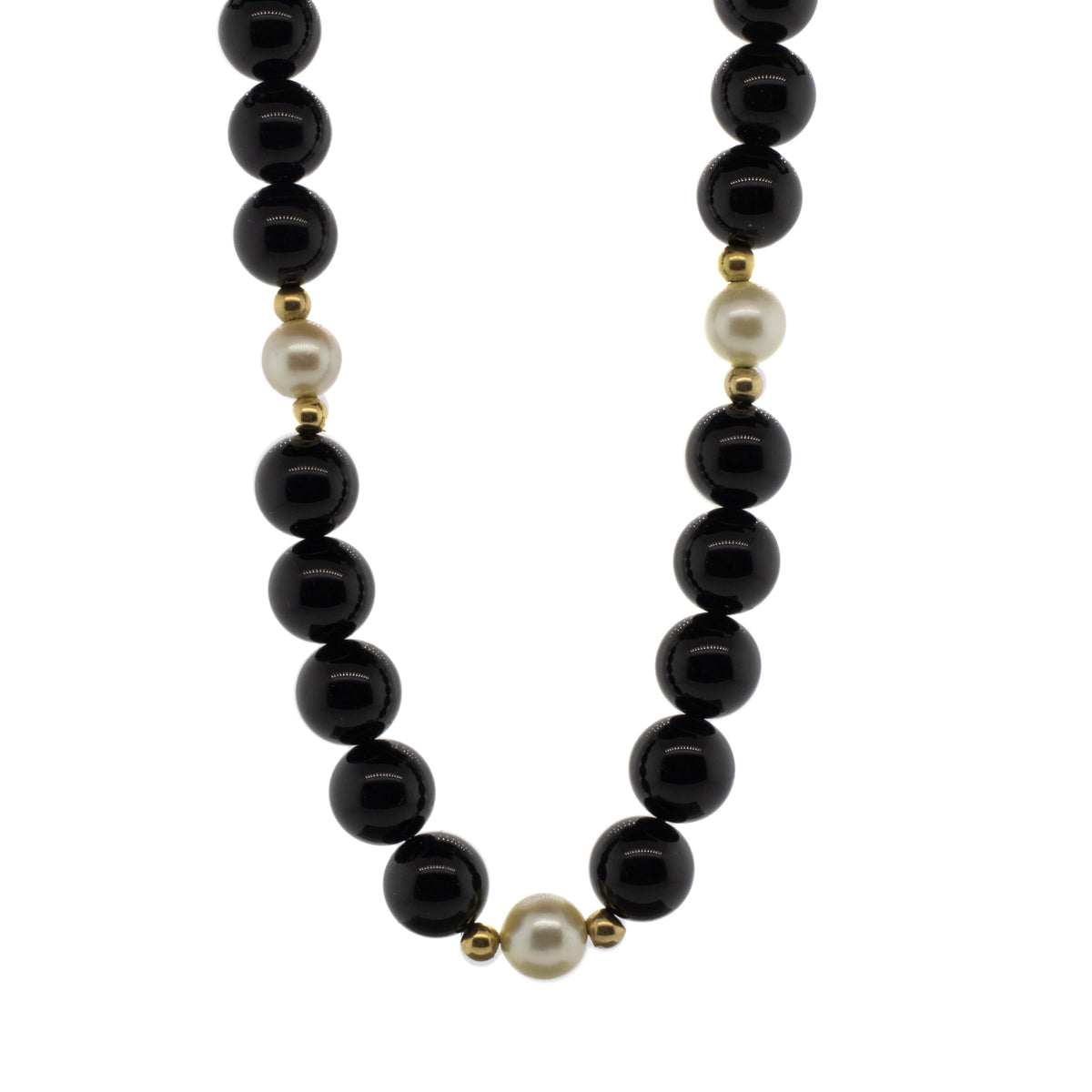 Onyx, Akoya Pearl, and Gold Bead Necklace
