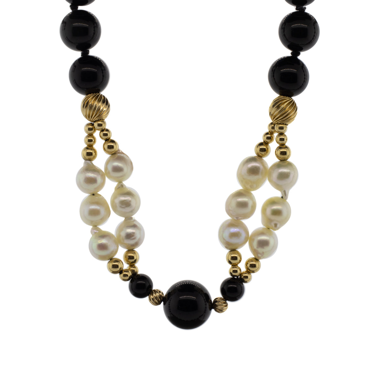 Onyx, Akoya Pearl and Gold Bead Necklace