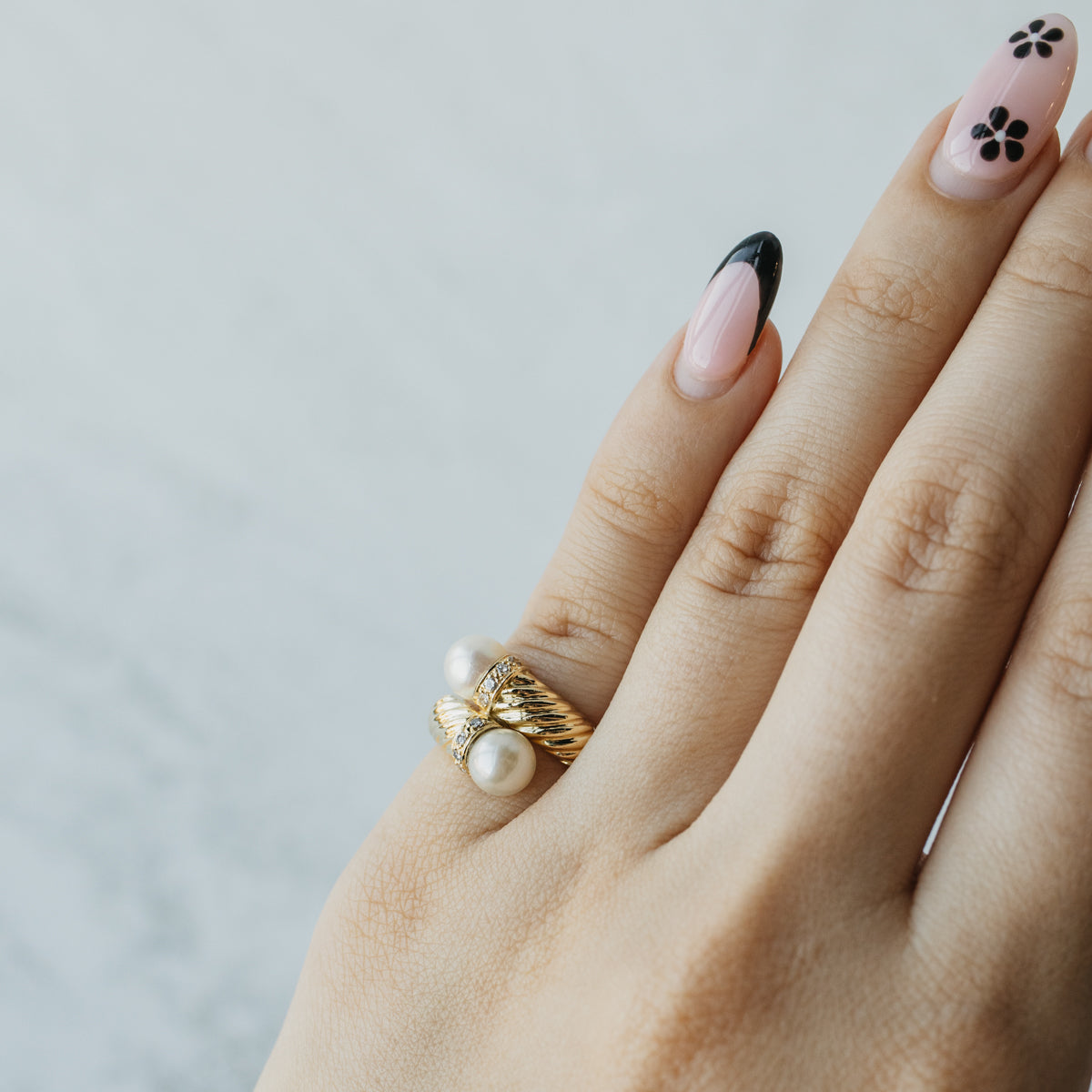 Akoya Pearl and Diamond Bypass Ring