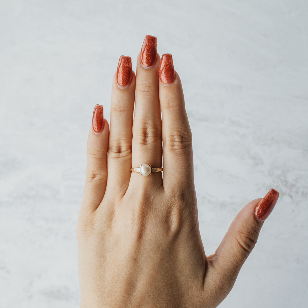 Akoya Pearl Engraved Solitaire Ring