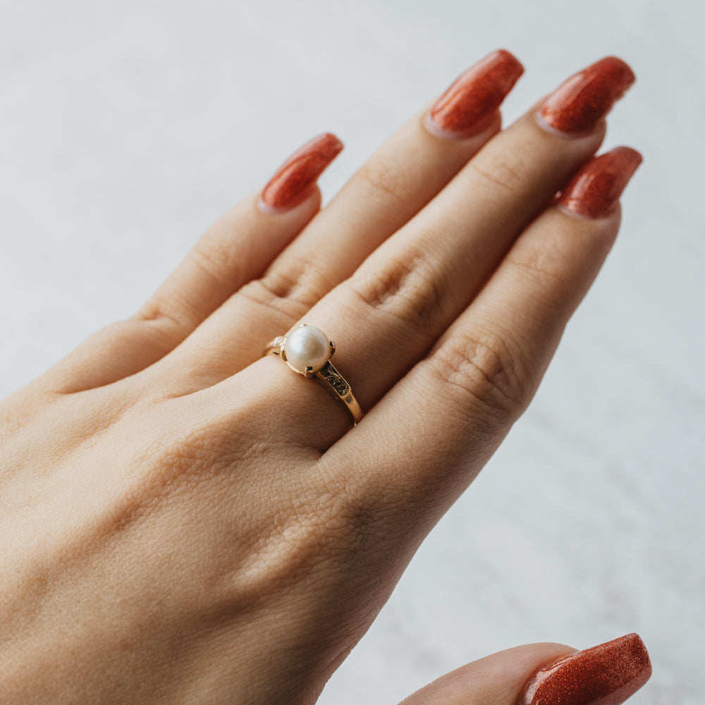 Akoya Pearl Engraved Solitaire Ring