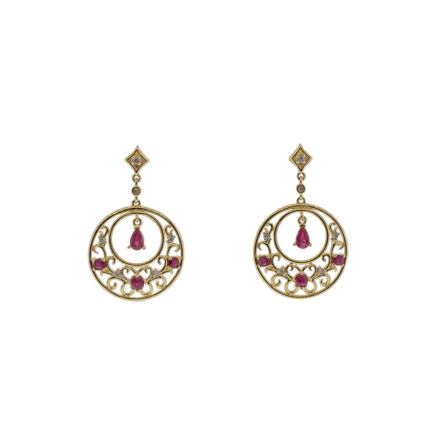 Filigreed Ruby and Diamond Disk Earrings