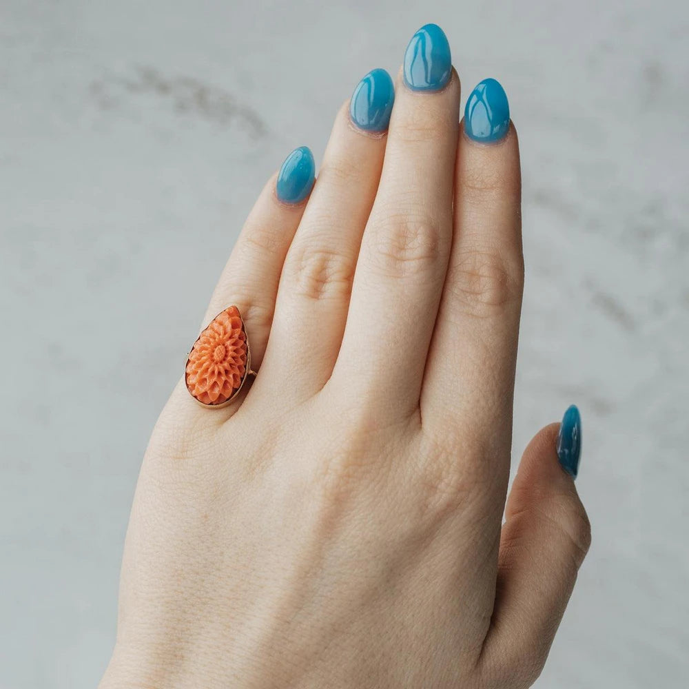 Carved Floral Antique Coral 14K Yellow Gold Ring