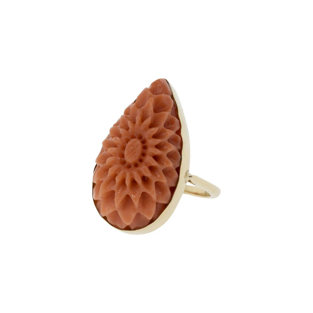 Carved Floral Antique Coral 14K Yellow Gold Ring