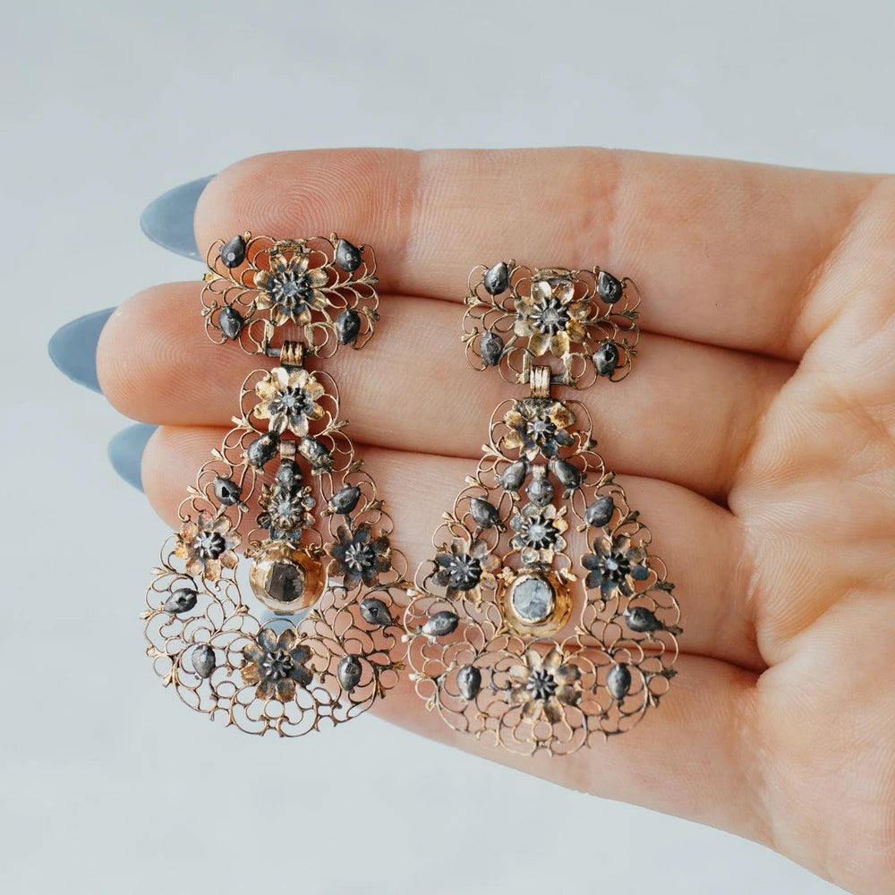9-17K Yellow Gold Georgian Rose-Cut Diamond Earrings